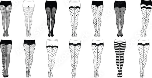 Women’s patterned tights collection, stylish fashion stockings set, lace fishnet hosiery, polka dot star stripe floral designs, elegant legwear showcase