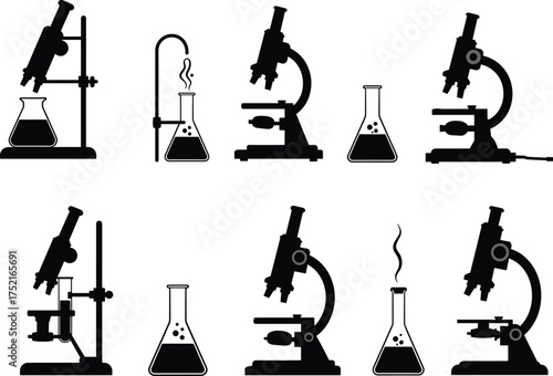 Microscope, laboratory flask, science equipment, black and white illustration, scientific research, chemistry tools, experiment setup, medical lab, vintage style, biology concept