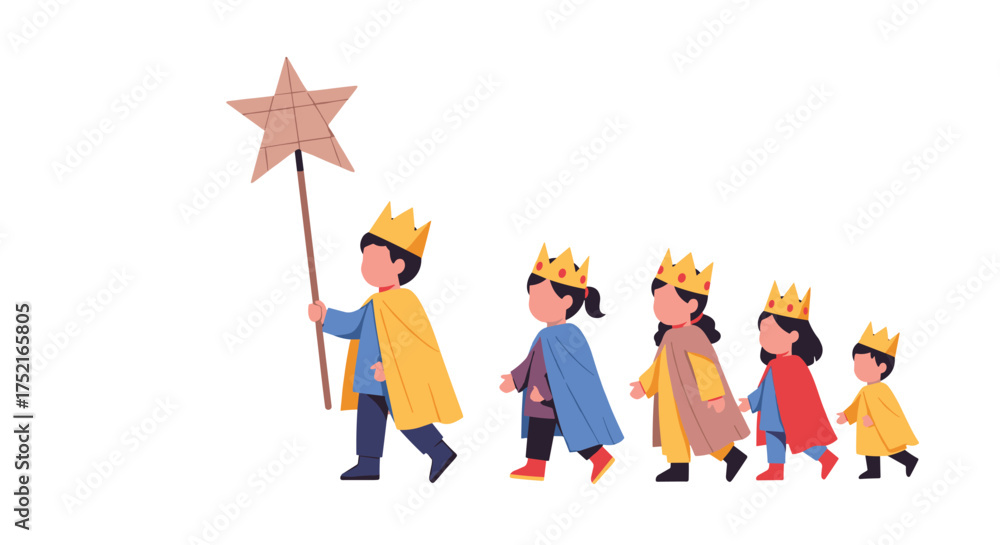 Fototapeta premium Children in Crowns and Capes March Holding a Star Wand