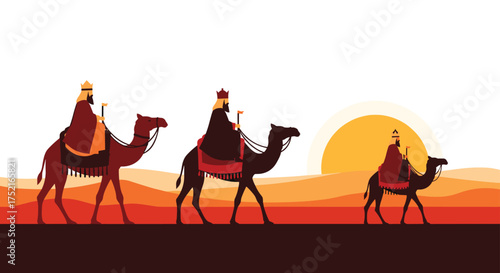 Three Wise Men Traveling Through Desert Landscape at Sunset