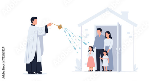 Priest Blessing Family Home with Holy Water Sprinkling Outside