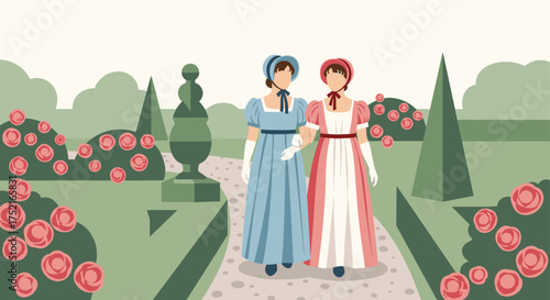 Two Ladies in Regency Dresses Strolling Through a Lush Garden Landscape