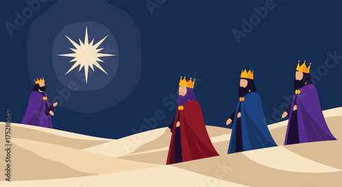 Wise Men Following a Star Across the Desert at Night