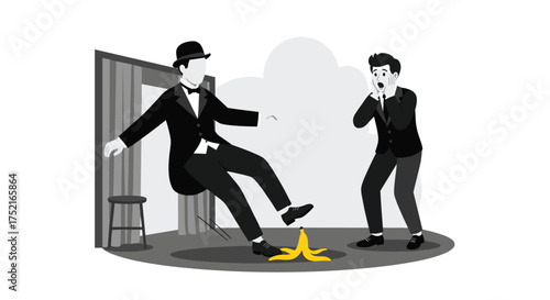 Comedic Mishap A Man Slips Dangerously on a Banana Peel Near a Startled Friend