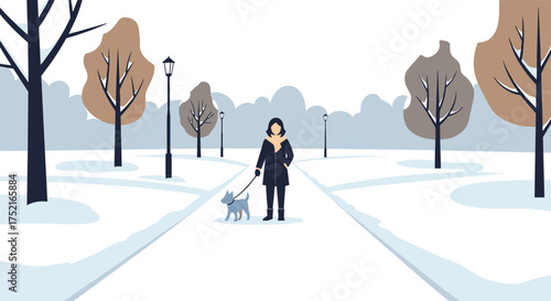 Woman Walking Her Dog Through a Snowy Park on a Cold Winter Day