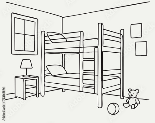 Line drawn bunk bed in child room, sketch