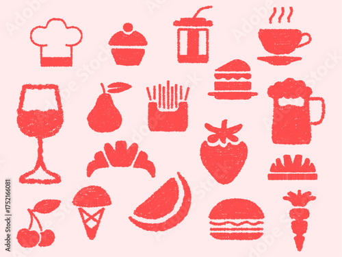 Hand drawn doodle style crayon vector icons set of fast food and snacks fruit