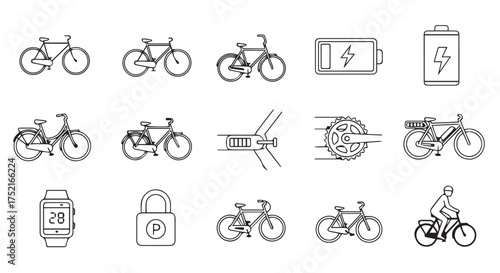 Line art illustrations of bicycles, electric bike components, and cycling accessories isolated on transparent background