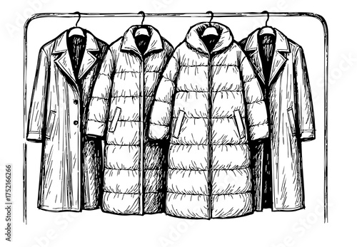 Black and white illustration of jacket and down coat hanging on a hanger, women's outerwear