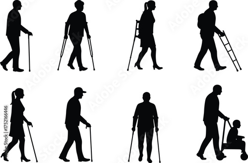 Mobility aid silhouettes, walker users, cane support, crutches posture, disabled people, black figures, accessibility concept, family care, walking assistance, rehabilitation