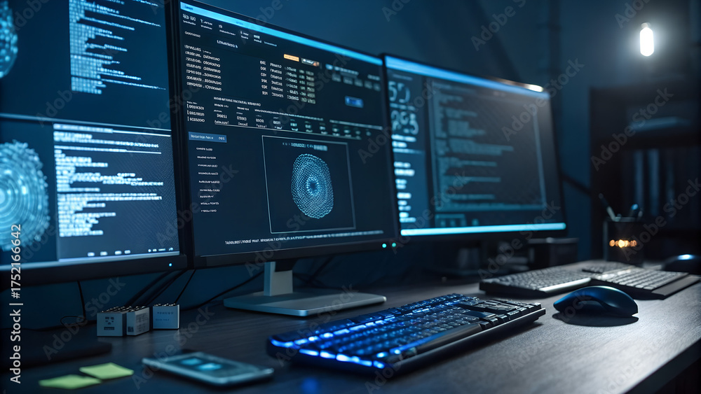 Fototapeta premium Cybersecurity workstation with multiple computer screens displaying code data and digital fingerprint analysis concept of hacking programming and data protection