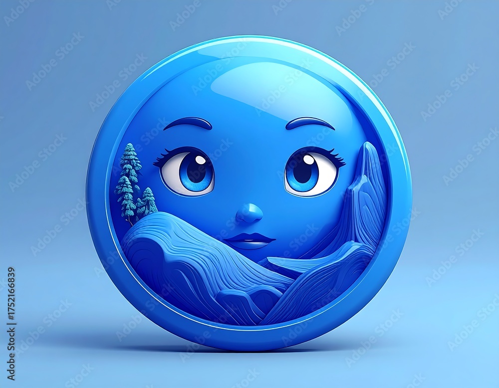 Fototapeta premium A 3D cartoonish face with a landscape scene within a blue circular frame