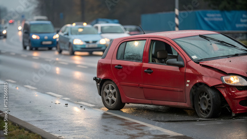 Damaged red car after traffic accident on wet city road with other vehicles in background symbolizing road safety insurance and driving awareness concept