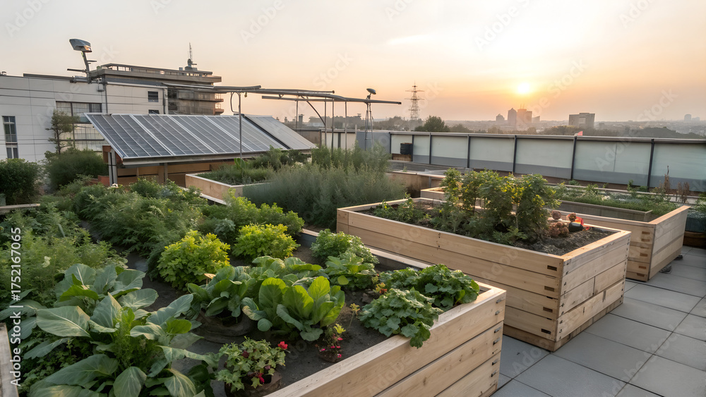 Fototapeta premium Rooftop garden with green plants and wooden planters at sunset with city skyline background perfect for urban sustainability and eco lifestyle visuals