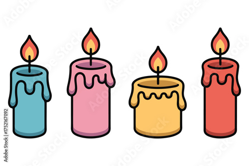 Colorful burning candle set illustration with melting wax and flame on white background
