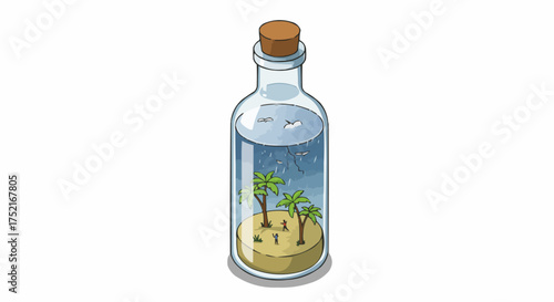 Tiny Island Paradise Captured Within a Glass Bottle, a Miniature World of Tropical Trees and Sandy Shoreline