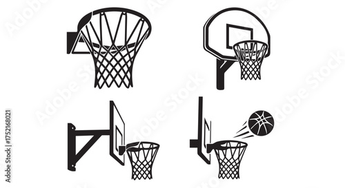 Collection of basketball hoops and backboards, including a ball in motion, isolated on transparent background