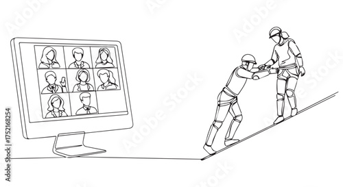 Teamwork and collaboration on a steep incline, with a computer screen showing a video conference grid of people isolated on transparent background