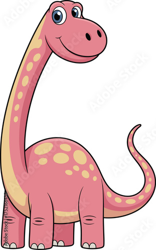 Cartoon pink dinosaur, friendly sauropod character, smiling prehistoric creature, educational kids graphic, yellow spots, long neck, playful animal illustration