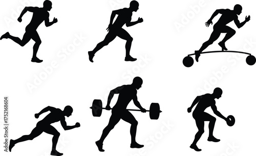 Silhouette of athletes running, lifting weights, and training, fitness workout concept, strength, speed, endurance, professional sports performance, physical activity