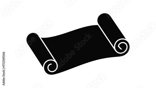 Black silhouette of an ancient rolled parchment scroll with curled ends on a white background