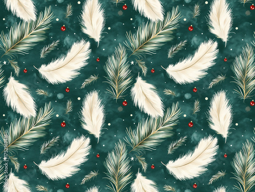 Wallpaper Mural Elegant Winter Holiday Seamless Pattern with Gentle White Feathers Pine Branches and Subtle Berries Torontodigital.ca