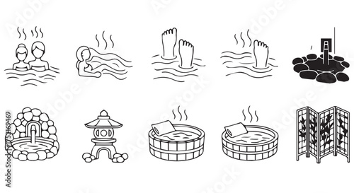 Collection of japanese onsen and hot spring icons, isolated on transparent background