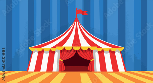 Vibrant circus tent with red and white stripes, set against a blue striped background