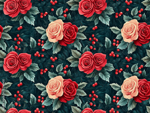 Wallpaper Mural Festive Winter Holiday Seamless Pattern with Elegant Red Roses Gold Christmas Ornaments Stars and Pine Tree Torontodigital.ca