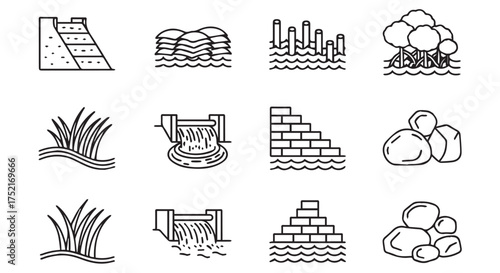 Collection of icons representing water management and natural elements, isolated on transparent background