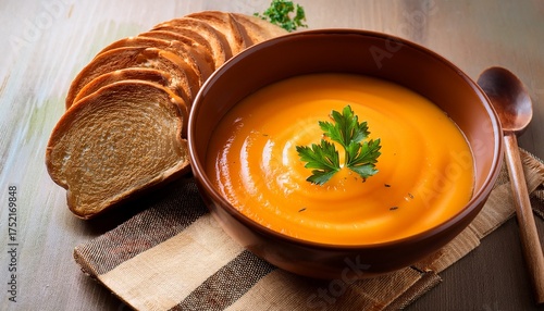 Wallpaper Mural carrot soup served in bowl with bread homemade cream carrot and potato pottage Torontodigital.ca