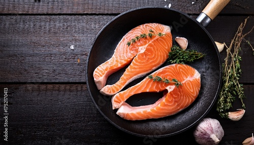 salmon steaks fresh and raw in frying pan with thyme and garlic