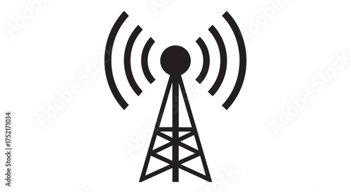 Black silhouette of a radio transmission tower with signal waves isolated on transparent background