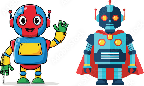 Two Cartoon Robots Waving and Standing android machine
