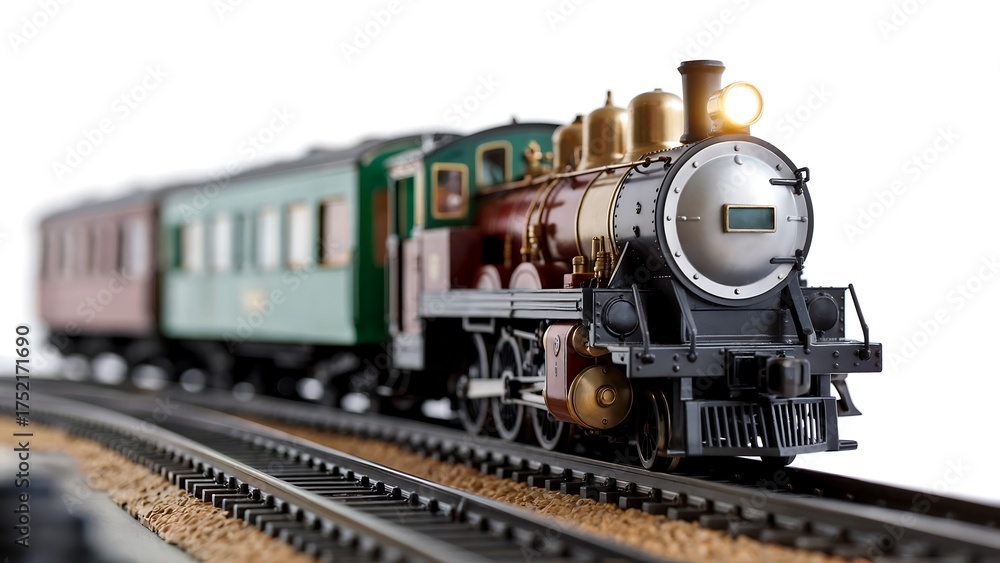 Fototapeta premium Train with Steam Locomotive and Passenger Cars on Realistic Track Base