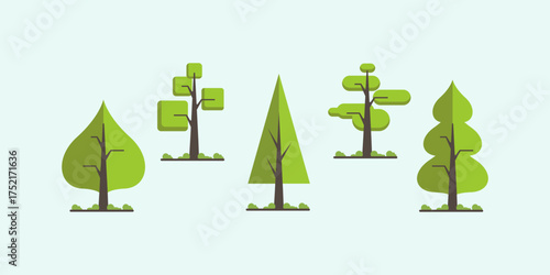 Collection of stylized flat design green trees with various shapes.