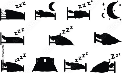 Sleep icon, bed silhouette, sleeping posture, night rest, blanket, pillow, moon, stars, Zzz, sleep position, bedtime, dream, nap, slumber, sleep concept, sleep illustration, sleep symbol, 
