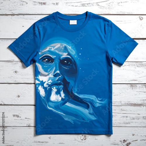 A blue t-shirt with a painted face design laying on a weathered white wooden surface