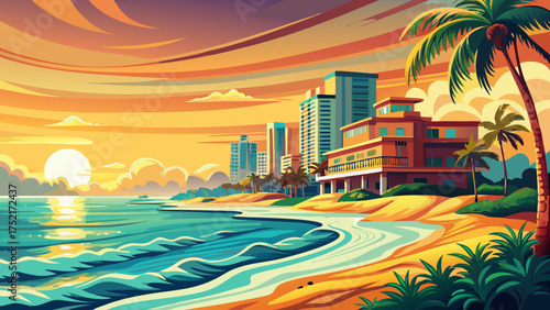 Very beautiful Miami Beach scene bathed in golden light, turquoise waves rolling gently under a clear sky, creating a perfect tropical paradise for travel and vacation.
