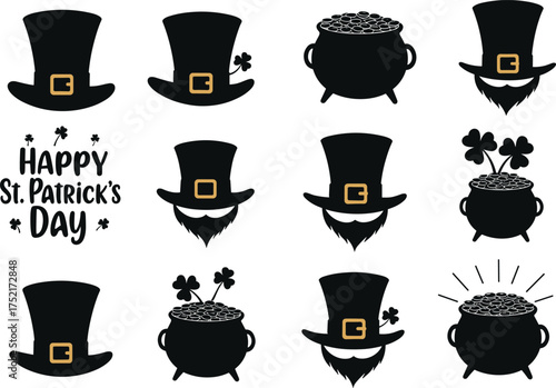 St. Patrick's Day icons, leprechaun hats, pots of gold, shamrocks, festive symbols, black silhouette, Irish celebration, holiday vector set