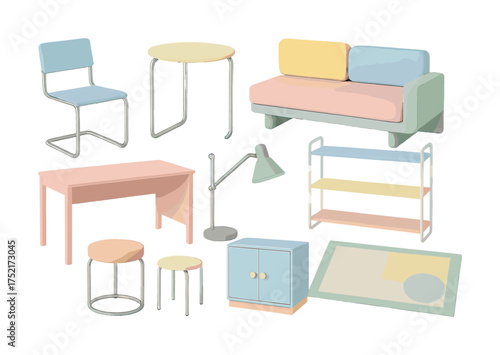 Vector Modern pastel furniture collection with chair, table, and sofa design