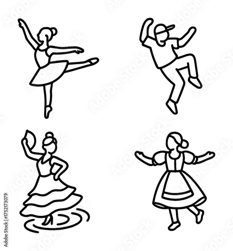 Vector Outline dancing figures: ballet, hip-hop, flamenco, folk dance icons