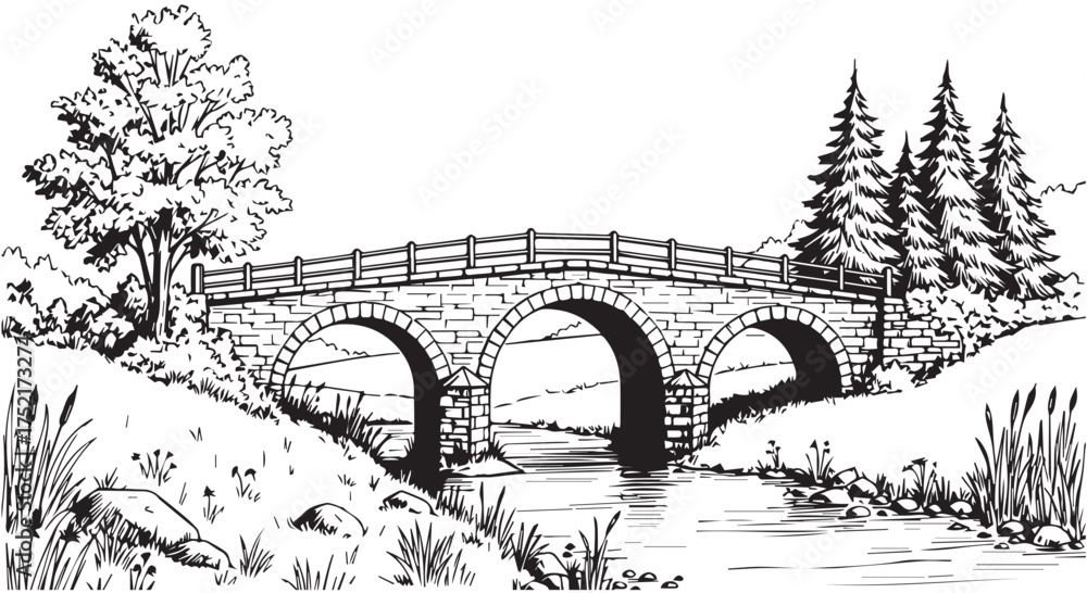 Fototapeta premium Stone arch bridge over a stream with trees and foliage isolated on transparent background
