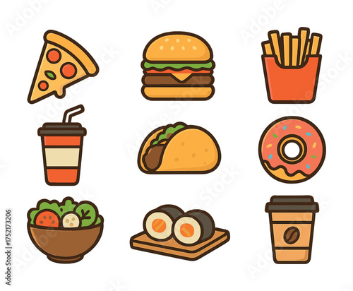 Vector Colorful fast food icons including burger, pizza, and taco on white background
