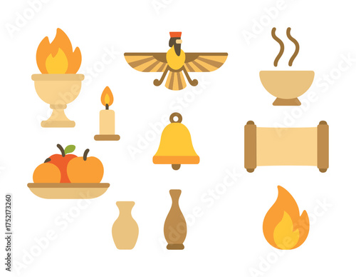 Vector Ancient symbols collection: fire, bird, scroll, pottery, fruits, bell