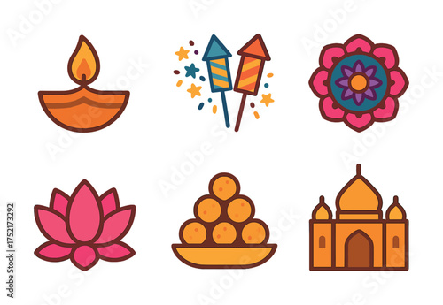 Vector Colorful diwali icons: diya, fireworks, rangoli, lotus, ladoo, temple