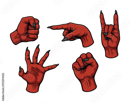 Vector Illustration of red marvelous monster hands in various gestures with sharp claws