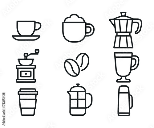 Vector Coffee icons set: mugs, grinder, espresso maker, beans, thermos, french press