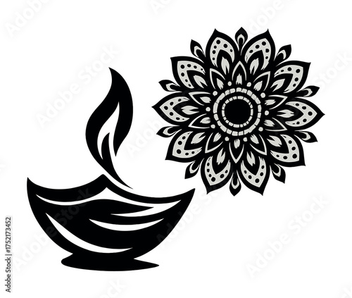 Vector Black and white diya and mandala design for festive decoration