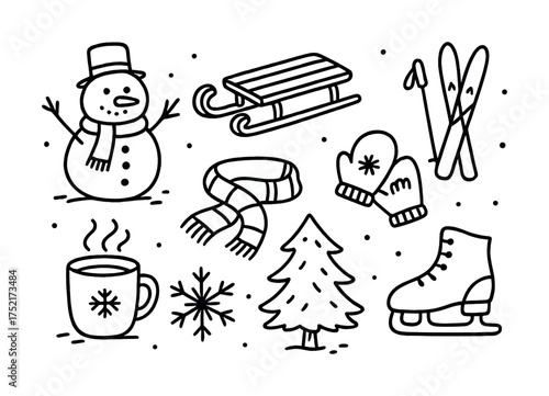 Vector Winter doodles: snowman, sled, skis, mittens, scarf, hot drink, snowflake, tree, ice skate